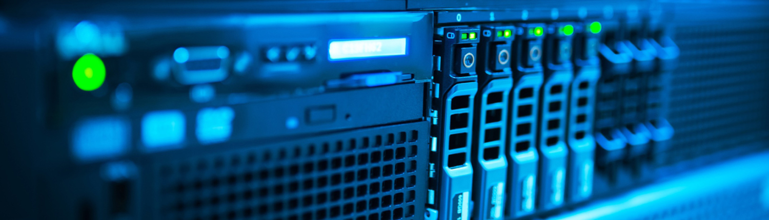 A server rack mostly in blue with some green LED lights