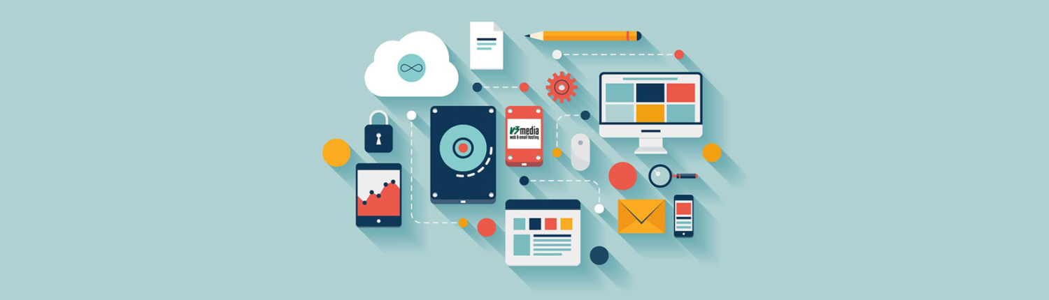 Selection of devices with a cloud, padlock, pencil, paper, magnifying glass, envelope and cog wheel